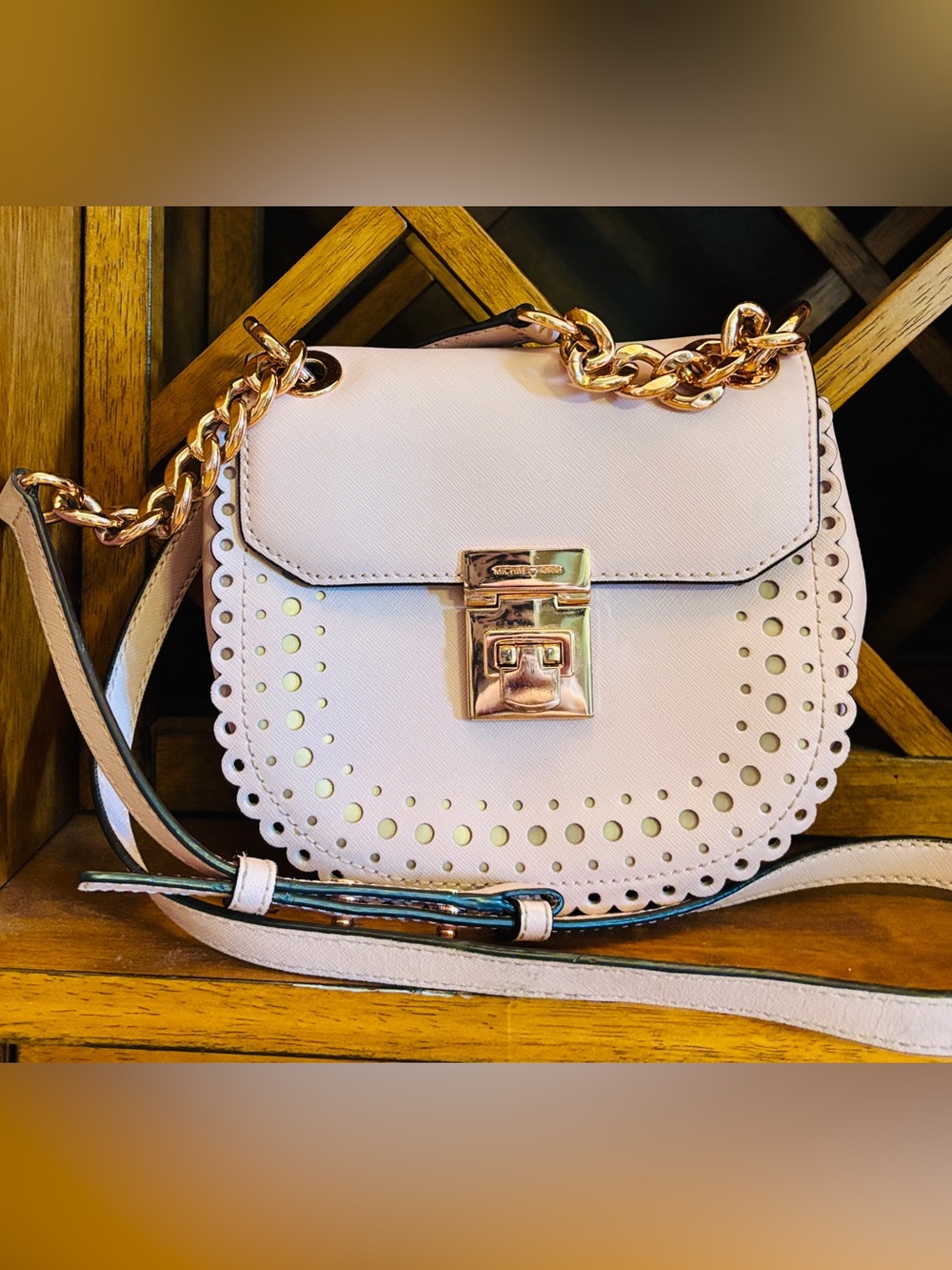Michael Kors Blush Pink Saffiano Leather, Scalloped Edge Crossbody, Rose Gold HW